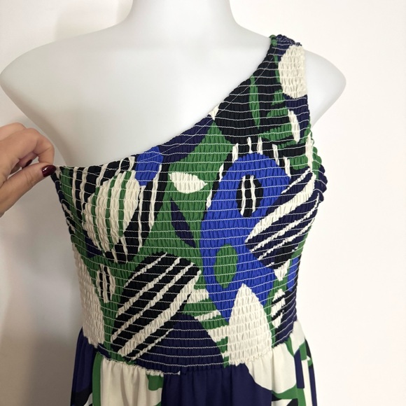 Sugarlips Xandria Geometric Smocked One Shoulder Tiered Maxi Dress Blue Green S - Picture 7 of 10